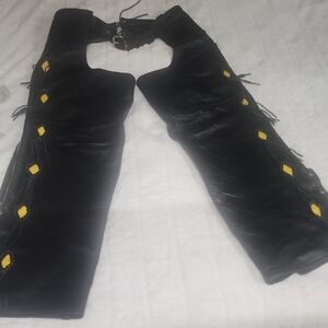 Motorcycle. Bonus Black Leather Chaps with Yellow Accents